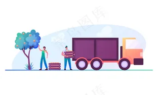 园丁或农民把成熟的水果收割到木箱里，装上卡车运送