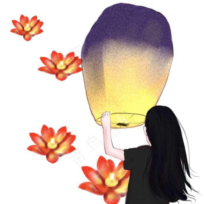 女孩中元节放孔明灯莲灯(2000X2000(DPI:72))psd模版下载
