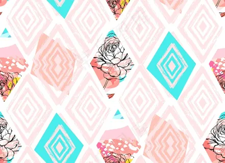 手绘抽象写意纹理拼贴无缝图案与春天的花朵主题在彩色蜡笔颜色背景.婚礼保存日期、生日、时尚面料、装饰。