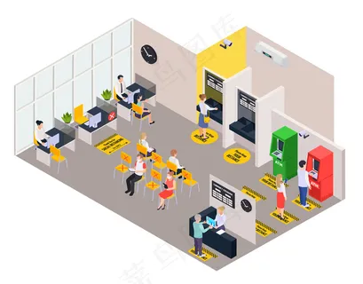 人们在银行内部用标记表示社会距离等轴测背景