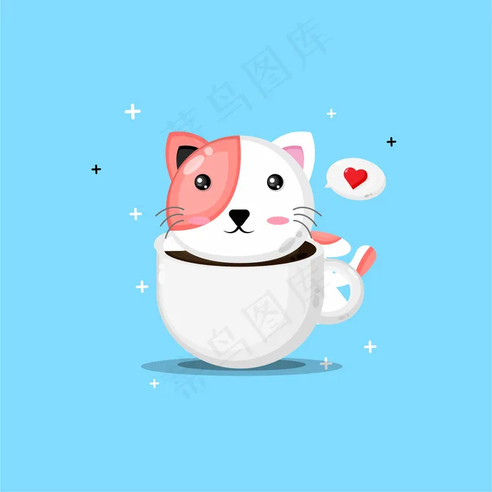 咖啡杯上的可爱猫eps,ai矢量模版下载