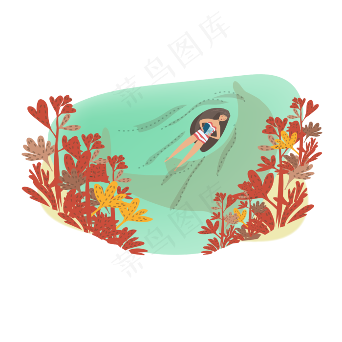 看书女孩海面场景阅读秋天叶子泳(2000X2000(DPI:300))ai矢量模版下载