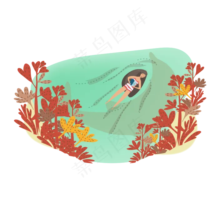 看书女孩海面场景阅读秋天叶子泳(2000X2000(DPI:300))ai矢量模版下载