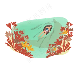 看书女孩海面场景阅读秋天叶子泳