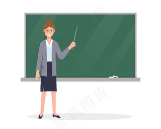 在教室里，一位年轻的老师拿着一个指针靠近黑板。