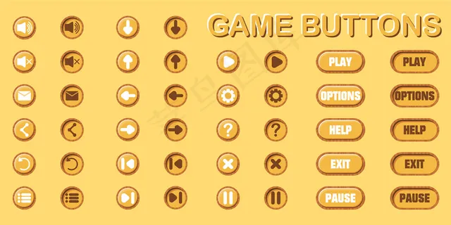 一套用于游戏和应用程序app设计的按钮。两个位置-原始和按下。