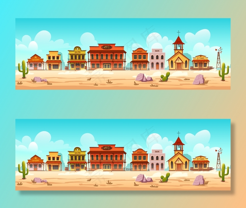 Vector western town street，木质建筑eps,ai矢量模版下载