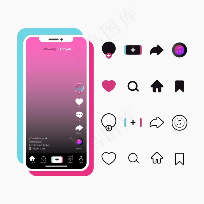 带按钮集合的Tiktok应用程序界面eps,ai矢量模版下载