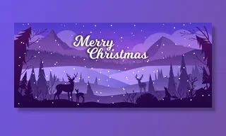 圣诞冬季景观有山，雪，驯鹿剪影，松树。假日背景