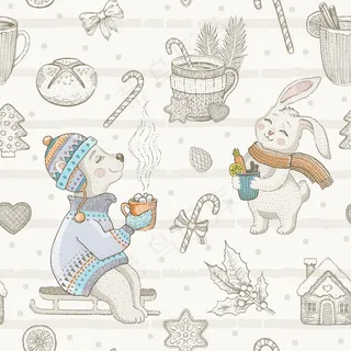 圣诞可爱动物无缝图案。涂鸦熊，兔子。复古冬季饮料杯。手绘素描背景。圣诞节独立插图。包装纸，儿童包装，儿童织物印花