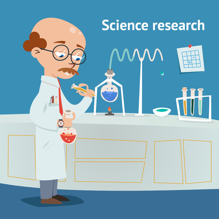 科学家在化学实验室进行研究，正在进行各种实验，他将溶液从试管倒入烧杯 向量例证