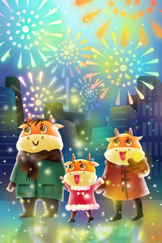 牛年烟花一家三口团聚