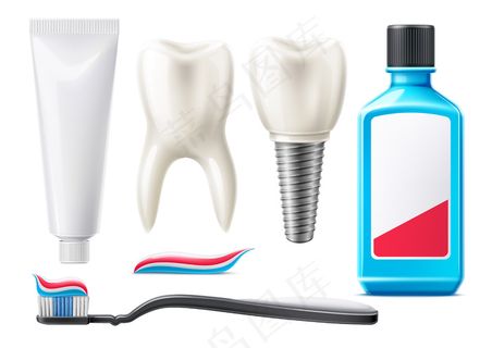 逼真的牙齿和口腔护理产品套装