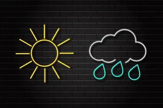 一组逼真的霓虹灯复古标志，用于装饰和覆盖墙壁背景上的天气图标。环境与气候概念。