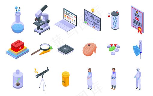研究科学家图标设置。用于在白色背景下隔离的网页设计的研究科学家矢量图标的等距集