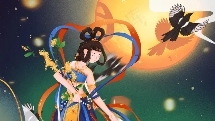 中秋装饰风唯美飞天嫦娥中秋(2880*1620px 300 dpi )psd模版下载