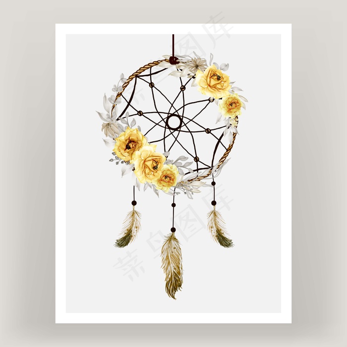 水彩画《捕梦者》玫瑰黄花羽毛