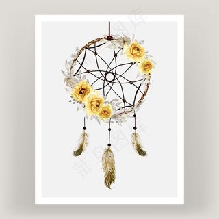 水彩画《捕梦者》玫瑰黄花羽毛