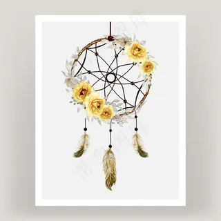 水彩画《捕梦者》玫瑰黄花羽毛