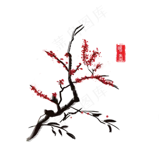 手绘国画水墨晕染开的红色梅花4