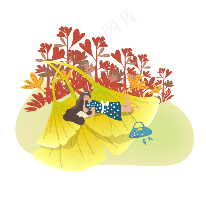 看书女孩场景阅读秋天叶子蓝色裙ai矢量模版下载