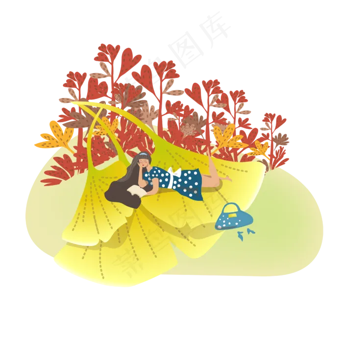 看书女孩场景阅读秋天叶子蓝色裙ai矢量模版下载