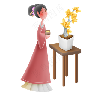 秋天喝茶的古代少女