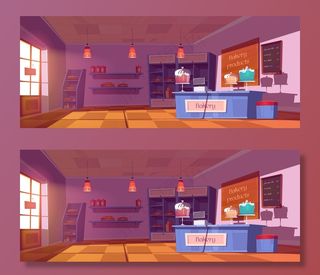 面包店内部陈列柜和货架上有蛋糕、面包和糕点。