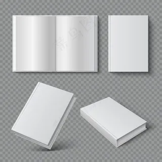 写实的书封面。空白宣传册封面，白色平装封面，空白教科书杂志目录。3d集合