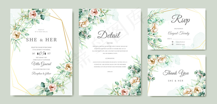 水彩桉树婚礼请柬套装