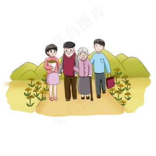 重阳节全家团圆登高卡通手绘出去