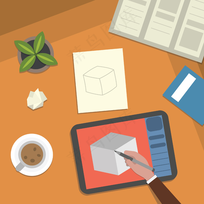 书桌和艺术品桌面插图。学校课程学习和数字插图元素俯视图。