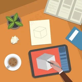 书桌和艺术品桌面插图。学校课程学习和数字插图元素俯视图。