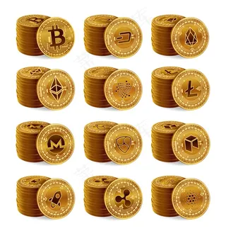 三维黄金加密货币物理硬币堆栈集。比特币、ripple、以太坊、litecoin、monero等。
