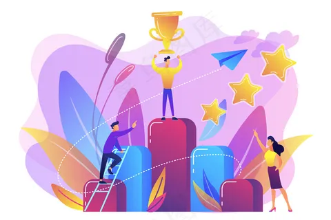 商人在柱状图上举着奖杯。成功的关键和成功的故事，商机，成功的路上的概念