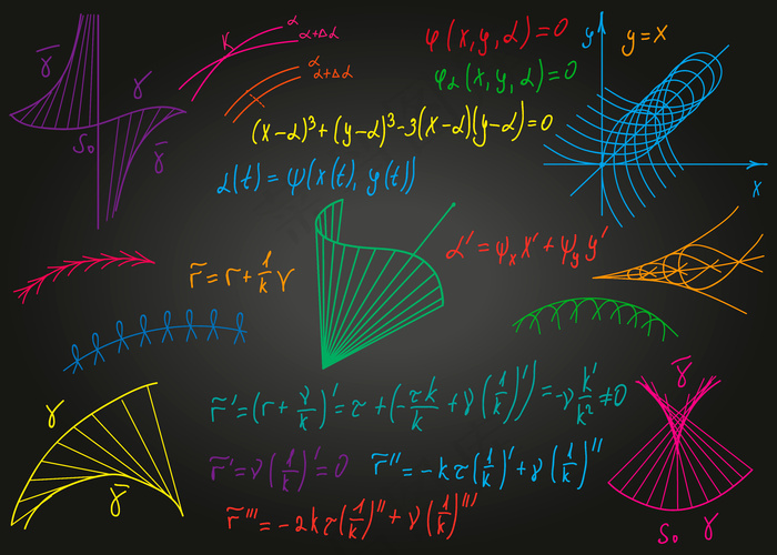 数学彩色数学公式手绘在黑色不干净的黑板上。eps,ai矢量模版下载