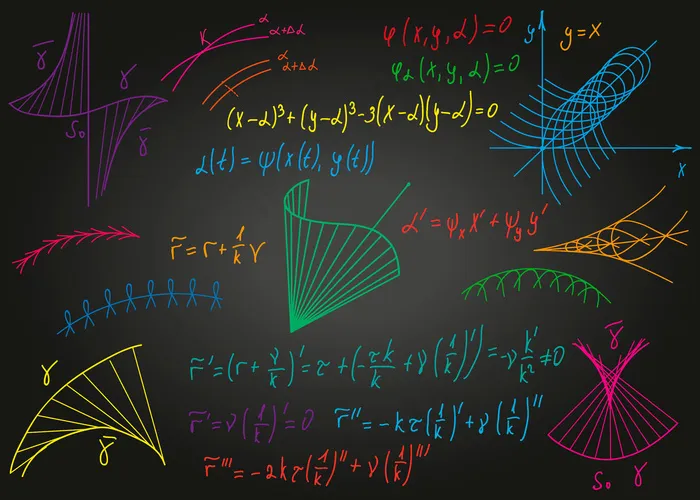 数学彩色数学公式手绘在黑色不干净的黑板上。eps,ai矢量模版下载