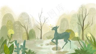 水墨风景简约干净小鹿植物水彩风手绘小清新
