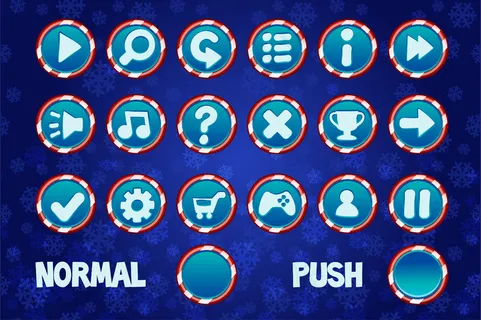 为网页和2d游戏用户界面设置圣诞节按钮。正常和圆形按钮