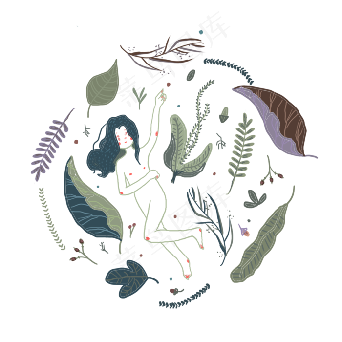 手绘白露清冷圆形花草少女设计元(2000X2000(DPI:150))psd模版下载