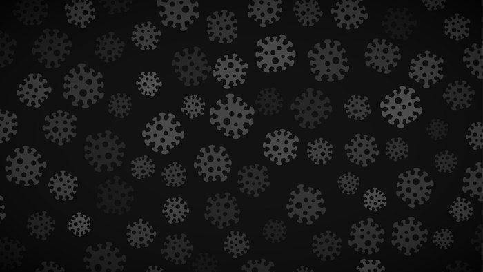 带有灰色阴影的病毒符号的背景。关于冠状病毒大流行的插图。