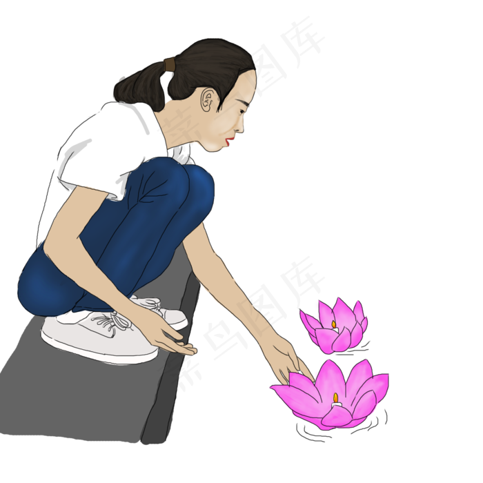 手绘中元节-河边放河灯分层素材