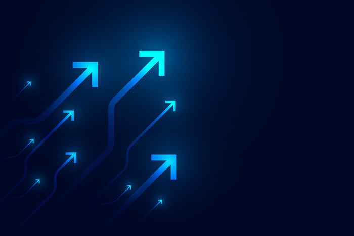 深蓝色背景上的亮箭头向上电路，带有复制空间复制插图，业务增长概念。