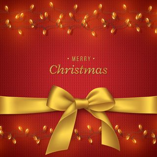 圣诞针织背景与金色蝴蝶结和花环，闪闪发光的文字。圣诞假期背景的装饰元素。矢量图。