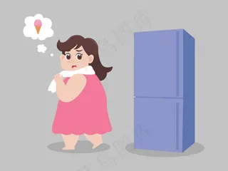 大胖子饿着冰激凌看着冰箱尽量不吃