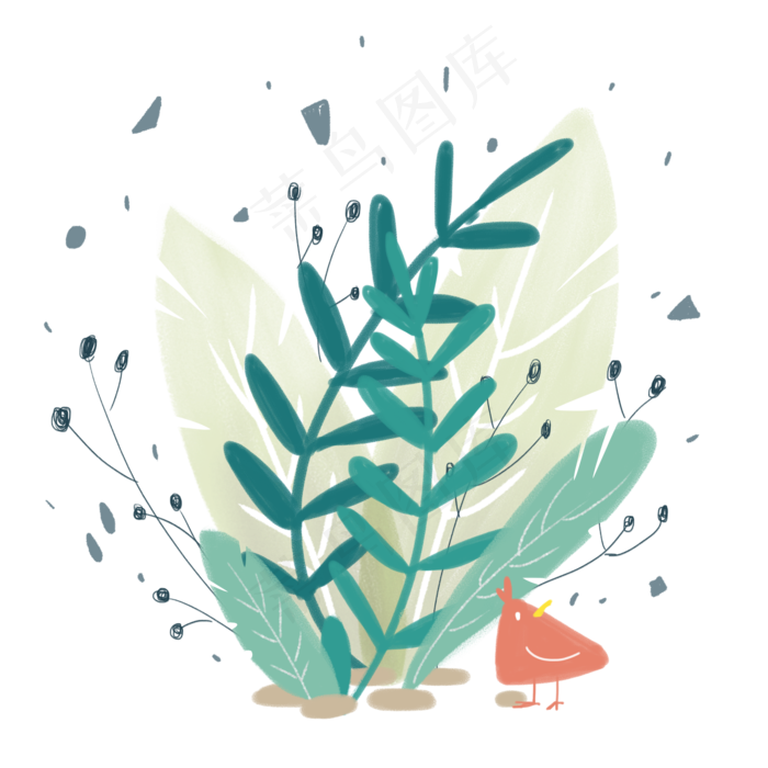 手绘粉笔平涂绿色植物橙色小鸟透