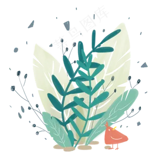 手绘粉笔平涂绿色植物橙色小鸟透