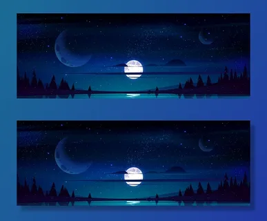 夜空中的满月，树木和池塘上方的星星和云彩反射星光