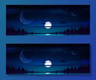 夜空中的满月，树木和池塘上方的星星和云彩反射星光