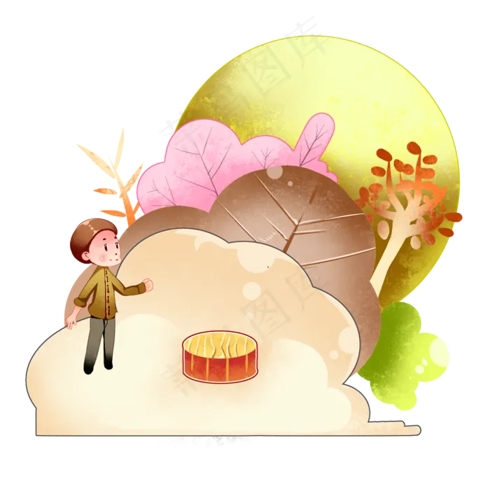 中秋节黄色卡通人物赏月吃月饼(2000X2000(DPI:299))psd模版下载
